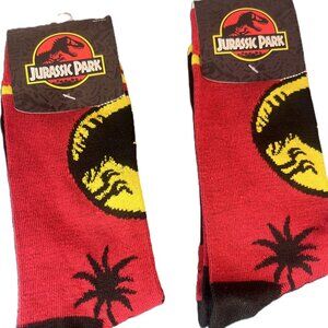 Red Black and Yellow "JURASSIC PARK" Crew Socks, MEN 8-12, WOMEN 5-10